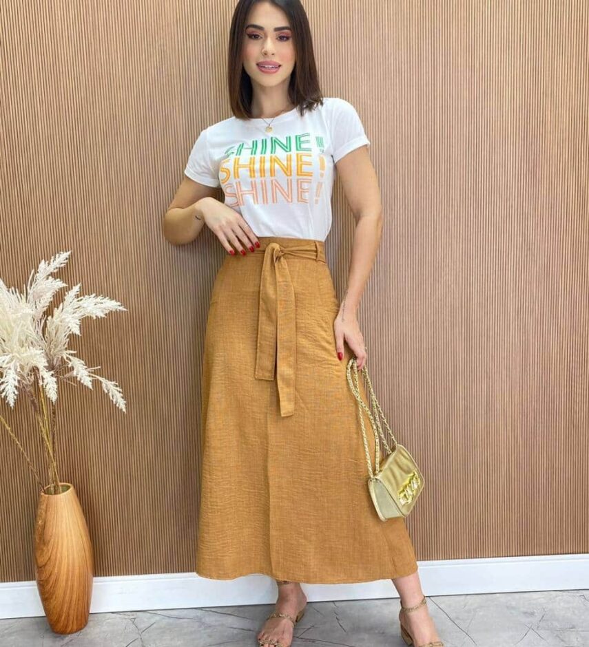Saia Midi Feminina Maísa com Amarração e Ziper Atrás Caramelo - Fernanda Ramos Store