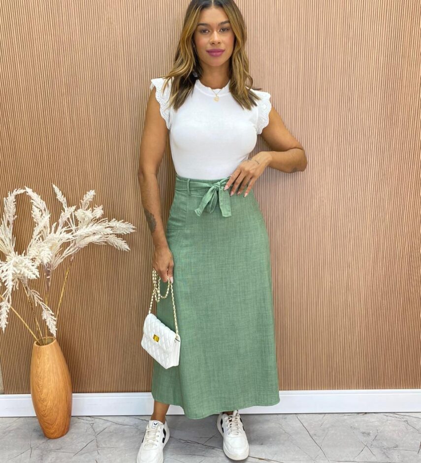 Saia Midi Feminina Maísa com Amarração e Ziper Atrás Verde - Fernanda Ramos Store