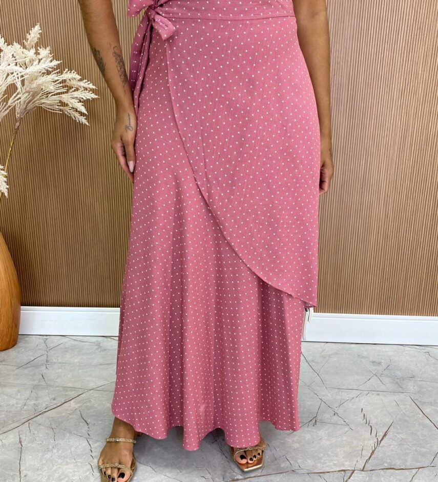 Saia Midi Transpassada com Amarração Liz Poá Rosa - Fernanda Ramos Store