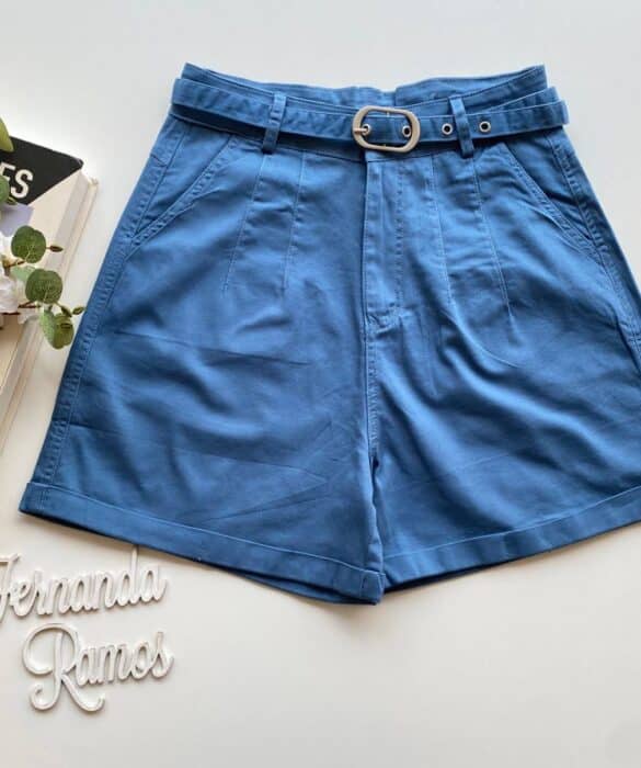 Short Feminino Juliana com Pregas e Bolsos Azul Fernanda Ramos Store