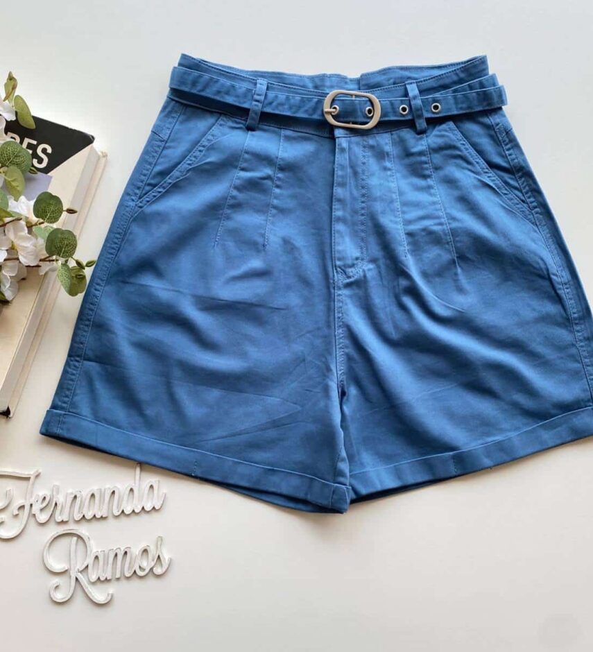 Short Feminino Juliana com Pregas e Bolsos Azul Fernanda Ramos Store