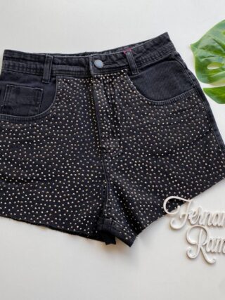 Short Jeans Feminino Cintura Alta Preto com Aplicações Fernanda Ramos Store