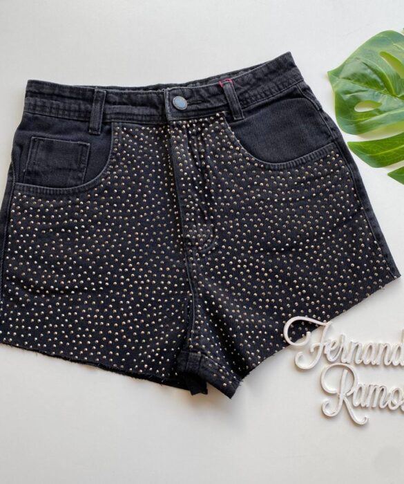 Short Jeans Feminino Cintura Alta Preto com Aplicações - Fernanda Ramos Store