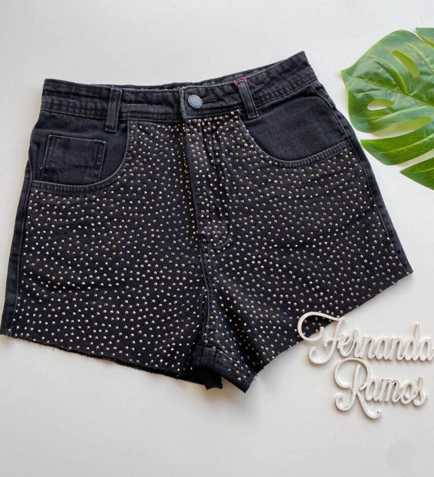 Short Jeans Feminino Cintura Alta Preto com Aplicações - Fernanda Ramos Store