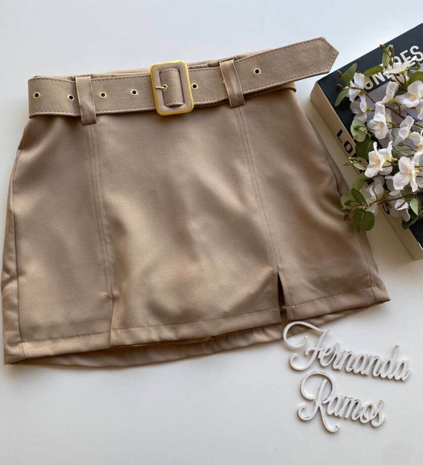 Short Saia Feminino Alfaiataria com Cinto Maya Bege - Fernanda Ramos Store