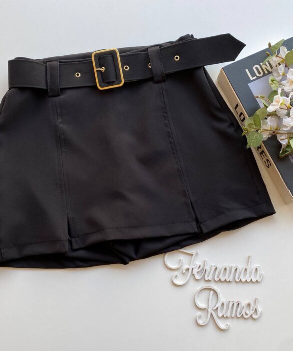 Short Saia Feminino Alfaiataria com Cinto Maya Preto Fernanda Ramos Store