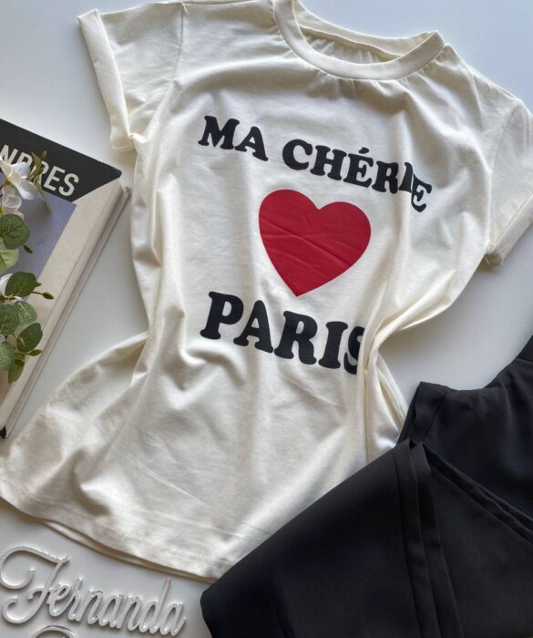 T-shirt Manga Curta Ma Chérie Paris Off White - Fernanda Ramos Store