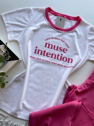 T-shirt Manga Curta Muse Intention Branca Detalhe Rosa - Fernanda Ramos Store