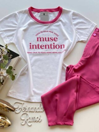 T-shirt Manga Curta Muse Intention Branca Detalhe Rosa - Fernanda Ramos Store