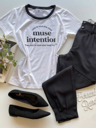 T-shirt Manga Curta Muse Intention Branca Detalhe Preto - Fernanda Ramos Store