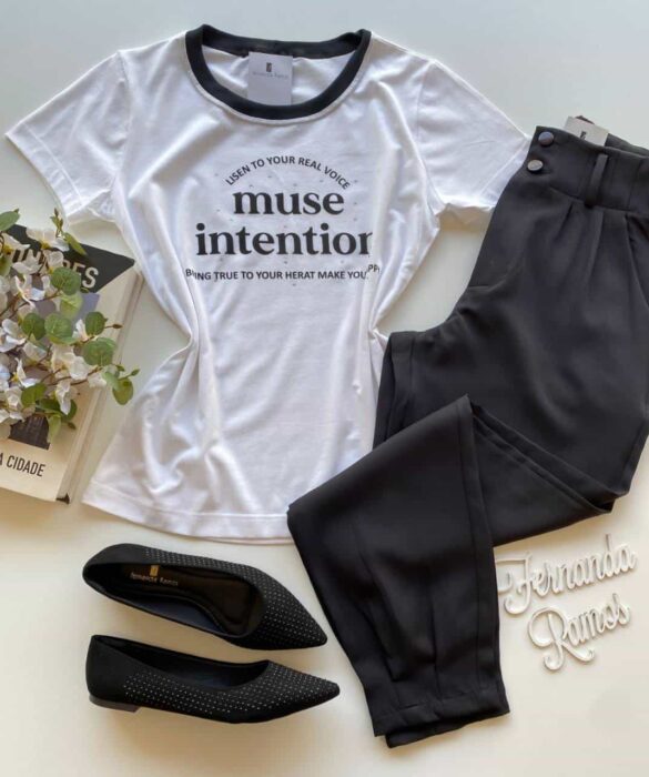 T-shirt Manga Curta Muse Intention Branca Detalhe Preto - Fernanda Ramos Store