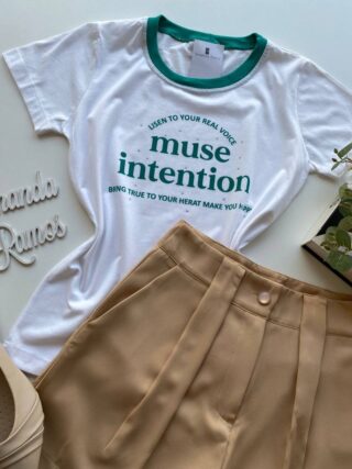 T-shirt Manga Curta Muse Intention Branca Detalhe Verde - Fernanda Ramos Store