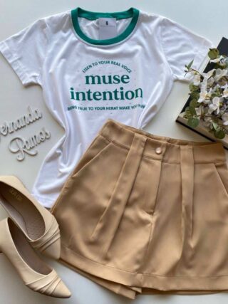 T-shirt Manga Curta Muse Intention Branca Detalhe Verde - Fernanda Ramos Store