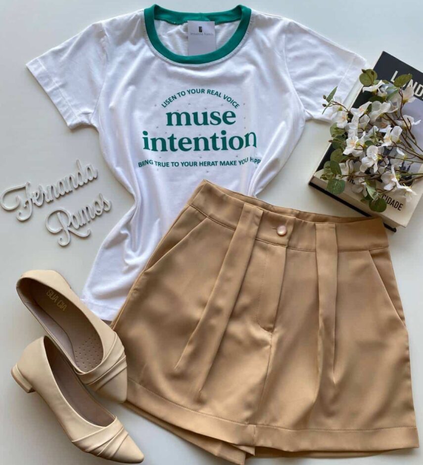 T-shirt Manga Curta Muse Intention Branca Detalhe Verde - Fernanda Ramos Store