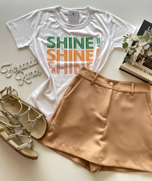 T-shirt Manga Curta Shine Shine Shine Branca Fernanda Ramos Store