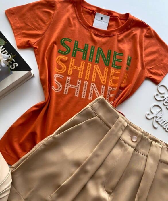 T-shirt Manga Curta Shine Shine Shine Laranja - Fernanda Ramos Store