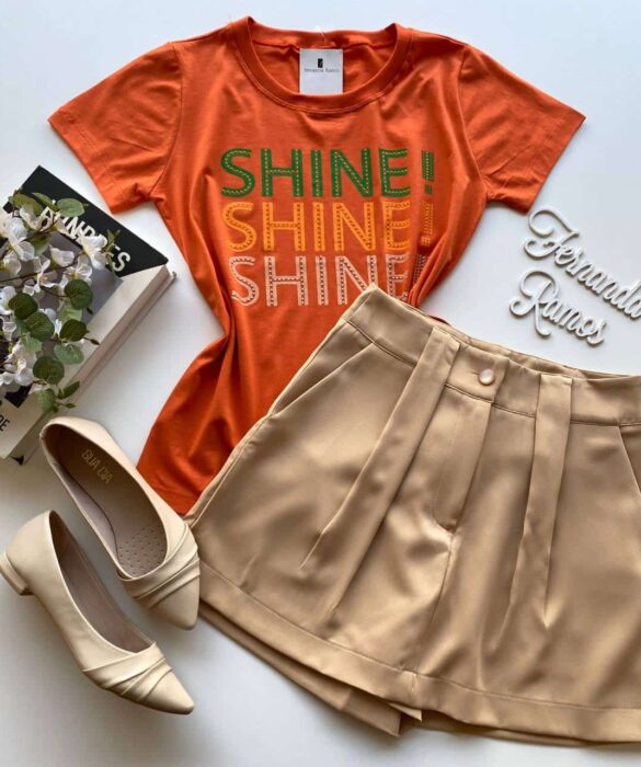 T-shirt Manga Curta Shine Shine Shine Laranja - Fernanda Ramos Store