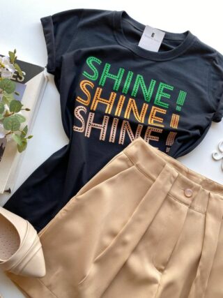 T-shirt Manga Curta Shine Shine Shine Preta - Fernanda Ramos Store