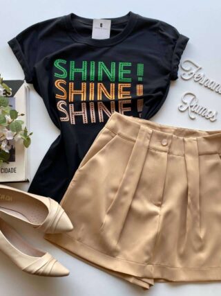 T-shirt Manga Curta Shine Shine Shine Preta - Fernanda Ramos Store