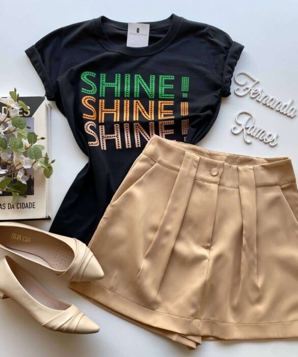 T-shirt Manga Curta Shine Shine Shine Preta - Fernanda Ramos Store