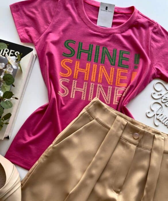 T-shirt Manga Curta Shine Shine Shine Rosa - Fernanda Ramos Store