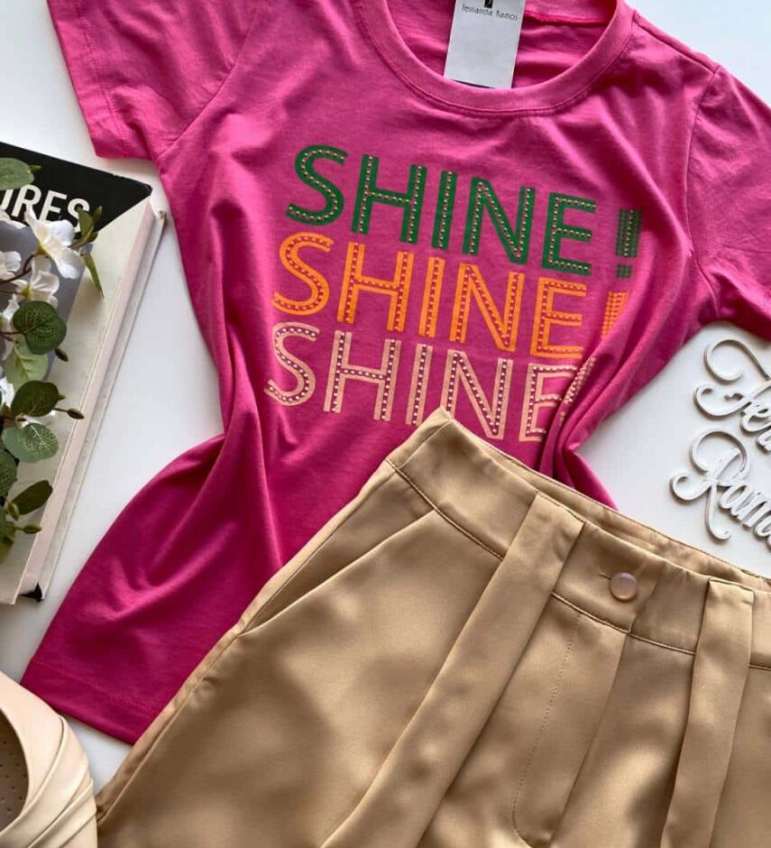 T-shirt Manga Curta Shine Shine Shine Rosa - Fernanda Ramos Store