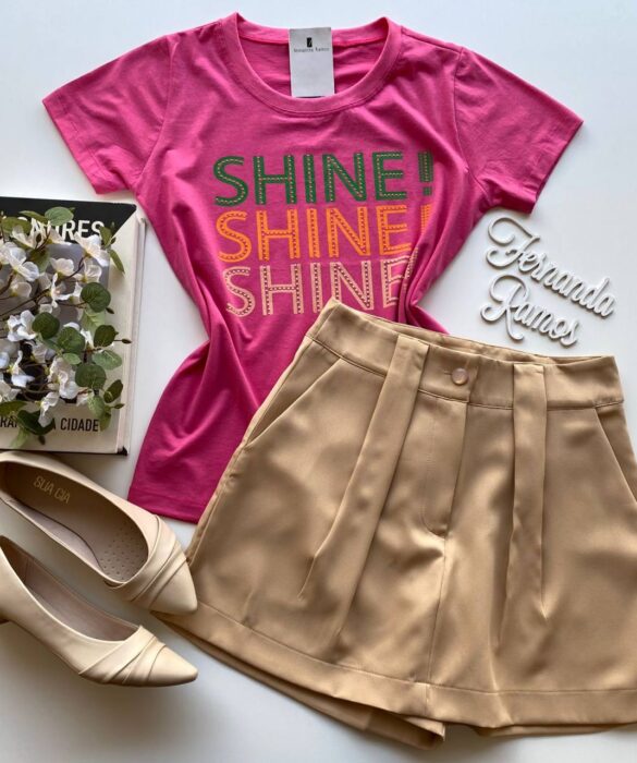 T-shirt Manga Curta Shine Shine Shine Rosa - Fernanda Ramos Store