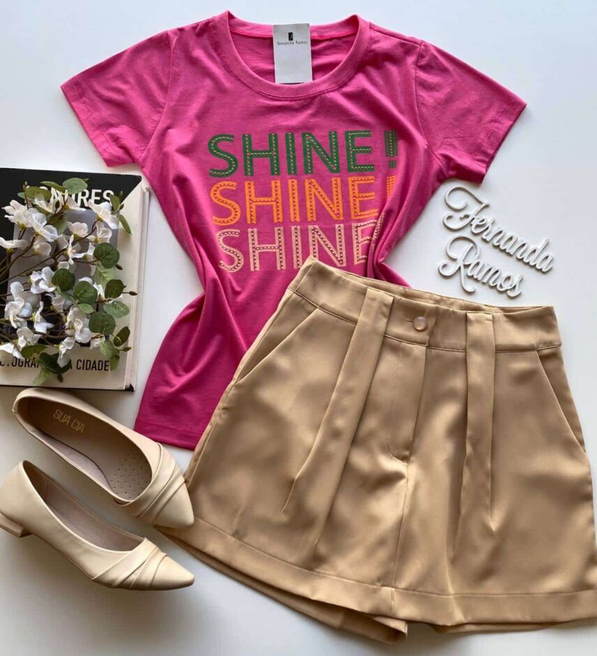 T-shirt Manga Curta Shine Shine Shine Rosa - Fernanda Ramos Store