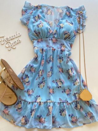 Vestido Curto com Bojo Amanda Estampado Floral Azul - Fernanda Ramos Store