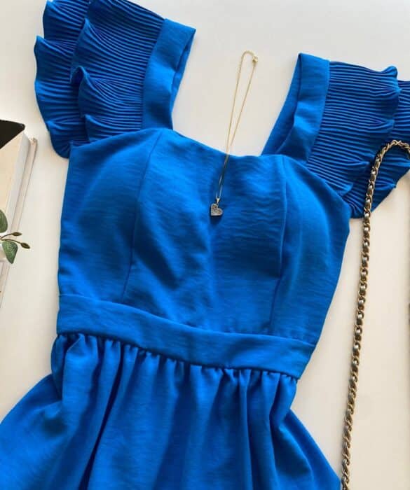 Vestido Curto com Bojo Crepe Duna Detalhe Plissado Azul - Fernanda Ramos Store