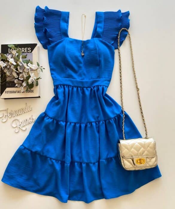 Vestido Curto com Bojo Crepe Duna Detalhe Plissado Azul - Fernanda Ramos Store