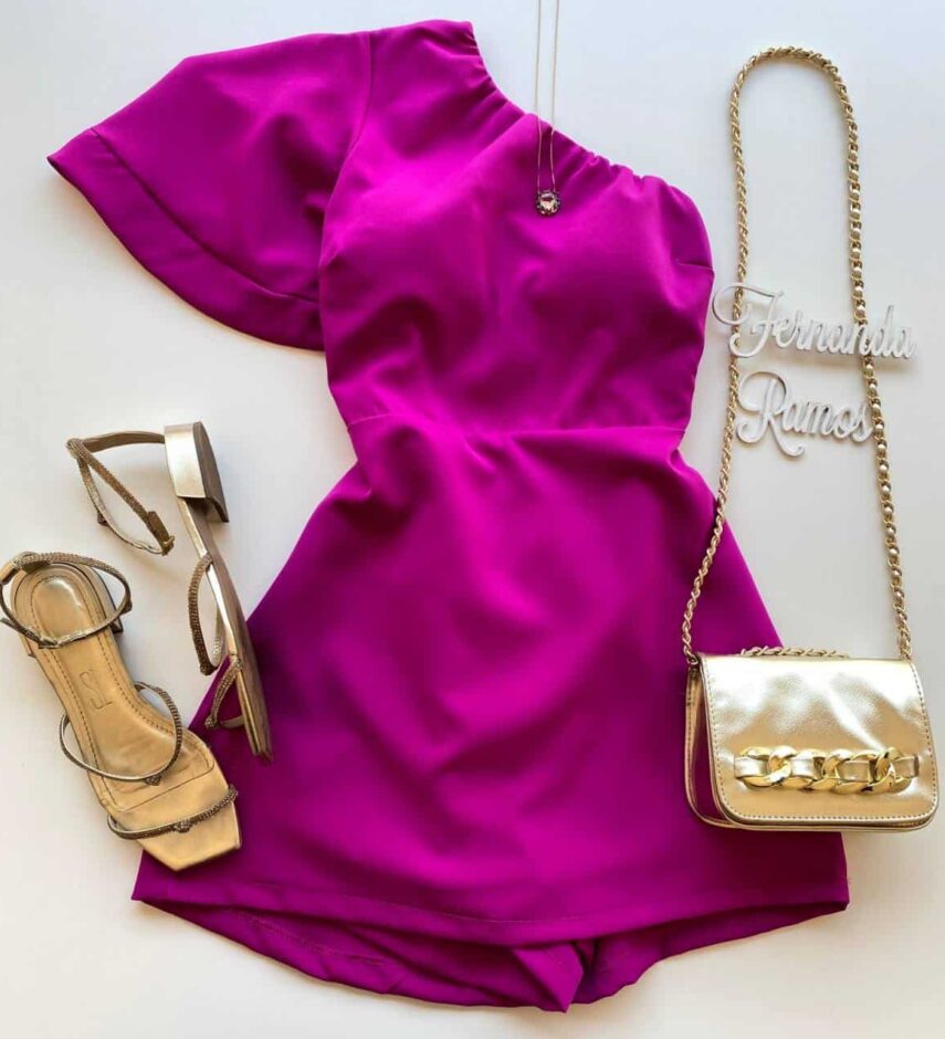Vestido Curto com Bojo Nula Manga Detalhe Ajustável Atrás Fúcsia Fernanda Ramos Store
