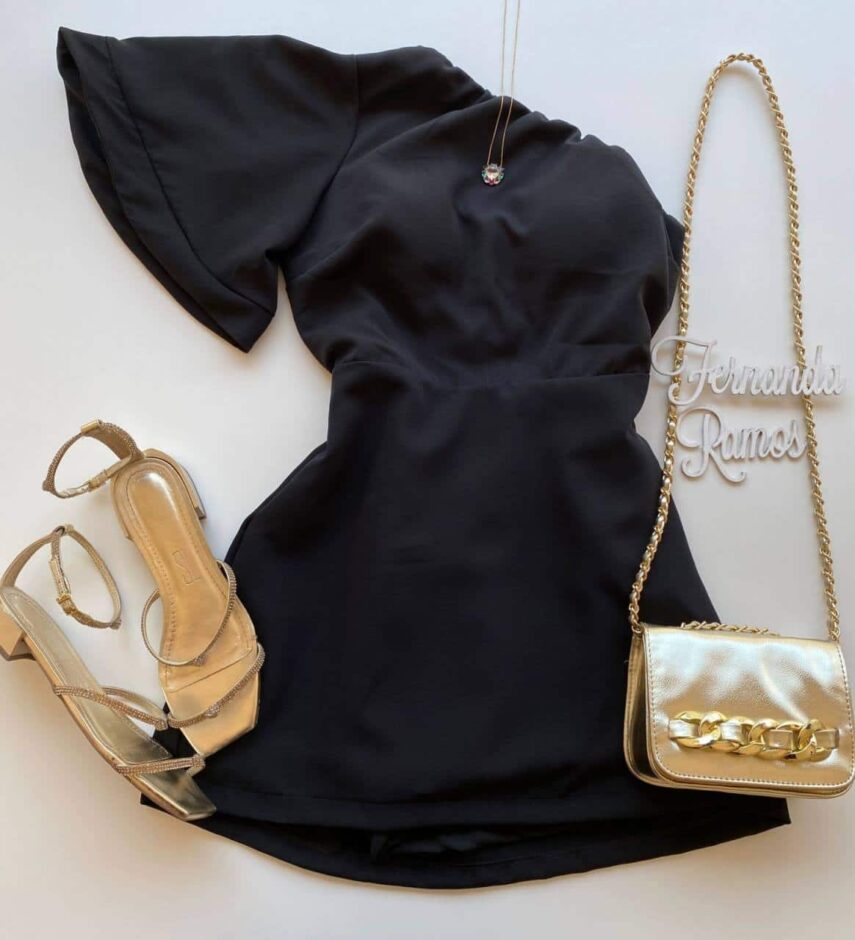 Vestido Curto com Bojo Nula Manga Detalhe Ajustável Atrás Preto Fernanda Ramos Store