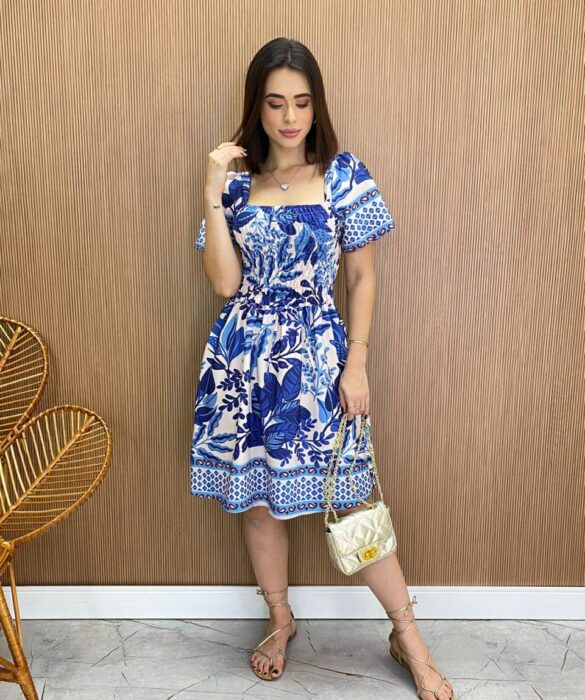 Vestido Curto sem Bojo Liz com Lastex Azul Estampado - Fernanda Ramos Store