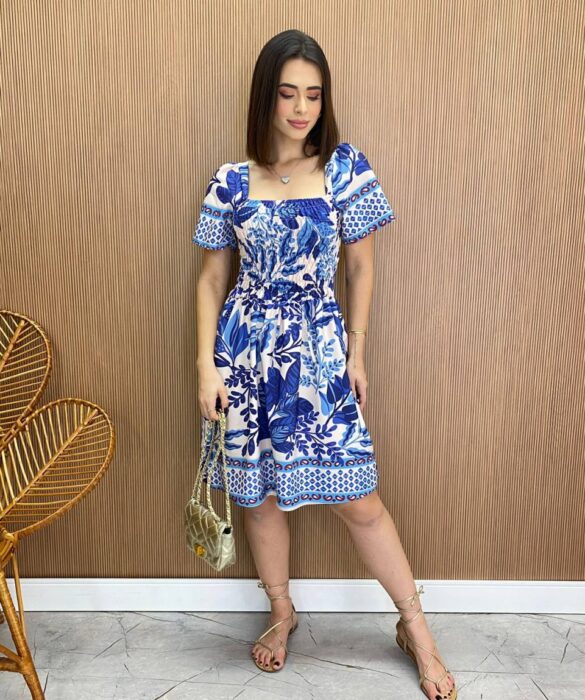 Vestido Curto sem Bojo Liz com Lastex Azul Estampado - Fernanda Ramos Store