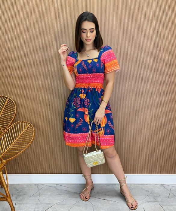 Vestido Curto sem Bojo Liz com Lastex Estampado Azul - Fernanda Ramos Store