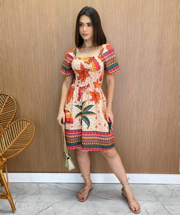 Vestido Curto sem Bojo Liz com Lastex Estampado Fundo Bege - Fernanda Ramos Store