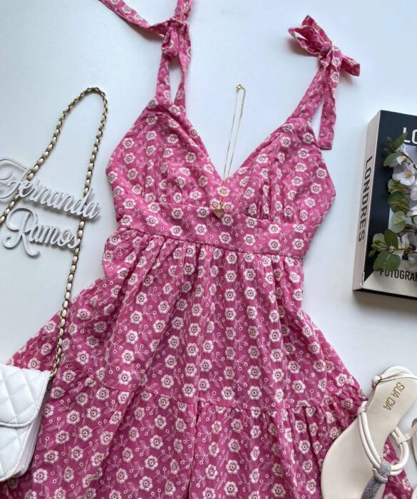 Vestido Feminino Curto Laise Alças com Amarração Bordado Rosa - Fernanda Ramos Store