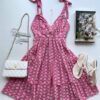 Vestido Feminino Curto Laise Alças com Amarração Bordado Rosa - Fernanda Ramos Store