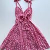 Vestido Feminino Curto Laise Alças com Amarração Bordado Rosa - Fernanda Ramos Store