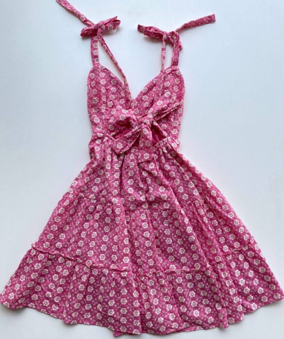 Vestido Feminino Curto Laise Alças com Amarração Bordado Rosa - Fernanda Ramos Store