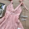 Vestido Feminino Curto Laise Alças com Amarração Bordado Rosa Bebe - Fernanda Ramos Store