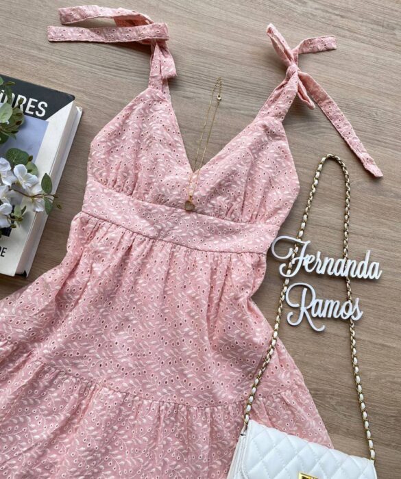 Vestido Feminino Curto Laise Alças com Amarração Bordado Rosa Bebe - Fernanda Ramos Store