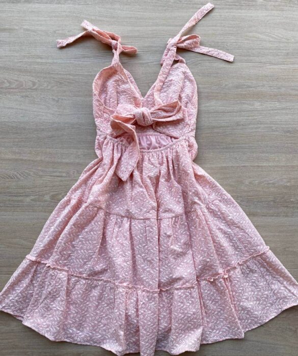 Vestido Feminino Curto Laise Alças com Amarração Bordado Rosa Bebe - Fernanda Ramos Store