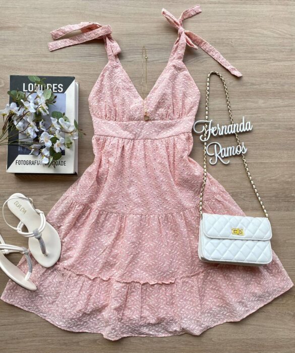 Vestido Feminino Curto Laise Alças com Amarração Bordado Rosa Bebe - Fernanda Ramos Store