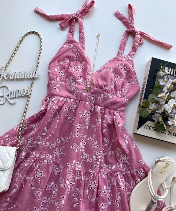 Vestido Feminino Curto Laise Alças com Amarração Bordado Rose - Fernanda Ramos Store