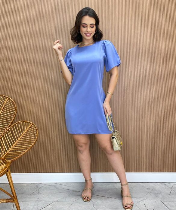 Vestido Feminino Curto Julia sem Bojo Manga Curta Azul - Fernanda Ramos Store