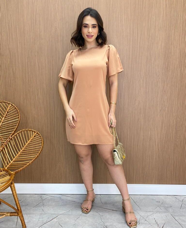 Vestido Feminino Curto Julia sem Bojo Manga Curta Bege - Fernanda Ramos Store