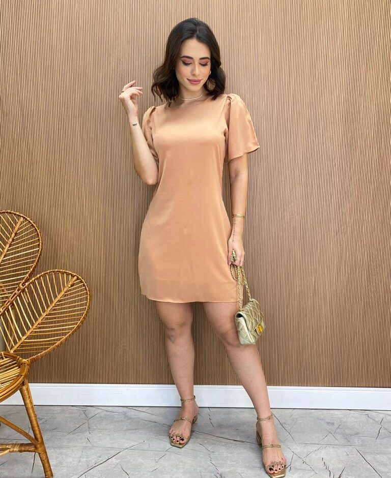 Vestido Feminino Curto Julia sem Bojo Manga Curta Bege - Fernanda Ramos Store