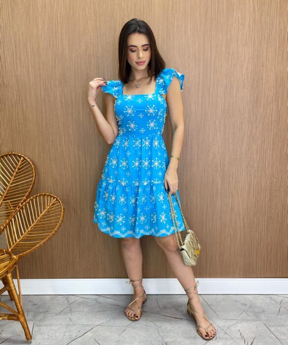 Vestido Feminino Curto Juliana com Bojo Bordado Azul - Fernanda Ramos Store